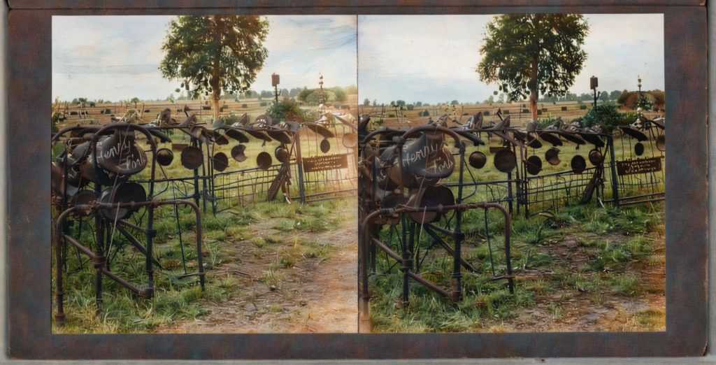 Winter Zero's Bottle Farm, fences with pans, bells and bedstead colorized, September 25, 1939