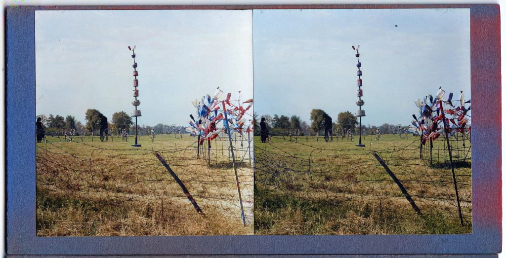 Winter Zero's Bottle Farm, bottle trees and tall sculpture in field colorized, September 27, 1939