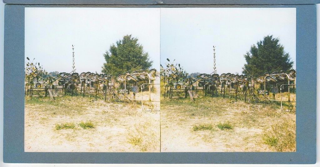 Winter Zero's Bottle Farm, bottle trees and tall sculpture in field, September 27, 1939
