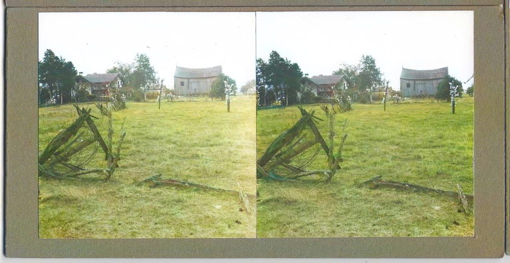 Winter Zero's Bottle Farm, sloped roof barn colorized, September 9, 1939