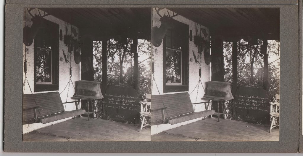 Winter Zero's Bottle Farm porch with sawblade with Markham poem, September 27th, 1939
