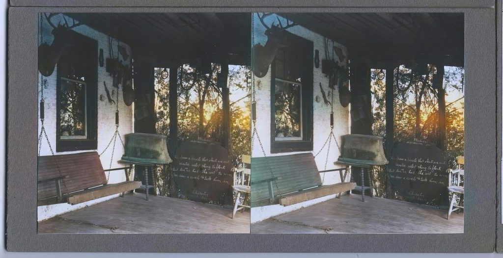 Winter Zero's Bottle Farm porch with sawblade with poem colorized, September 27th, 1939