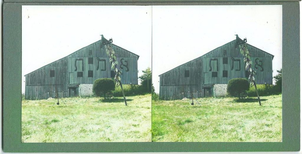 Winter Zero's Bottle Farm, barn with Truth and pole with cow skulls colorized, October 12, 1939