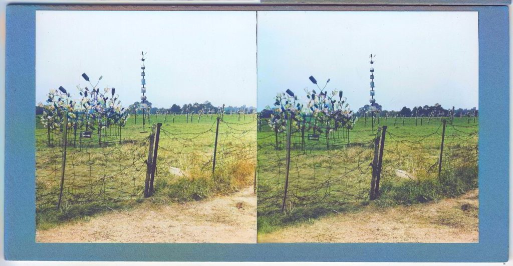 Winter Zero's Bottle Farm, fence and bottle trees colorized, September 27, 1939